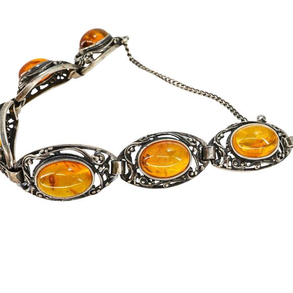 Sterling Silver Filigree Bracelet Baltic Amber Cabs Eastern European 7.5 In Read - Picture 4 of 14